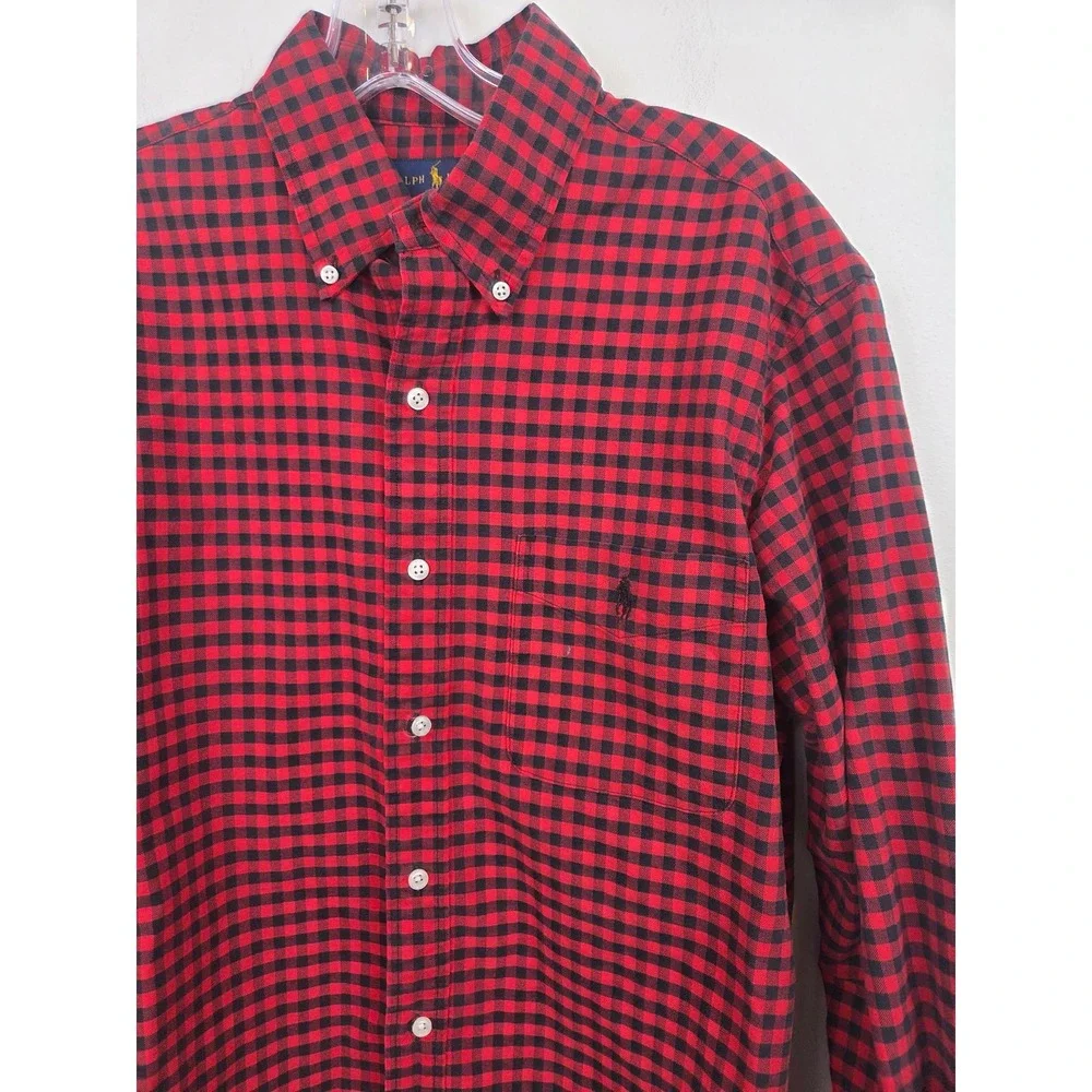 Ralph Lauren Mens Classic Fit Gingham Button Down Shirt Red Black Pony Medium